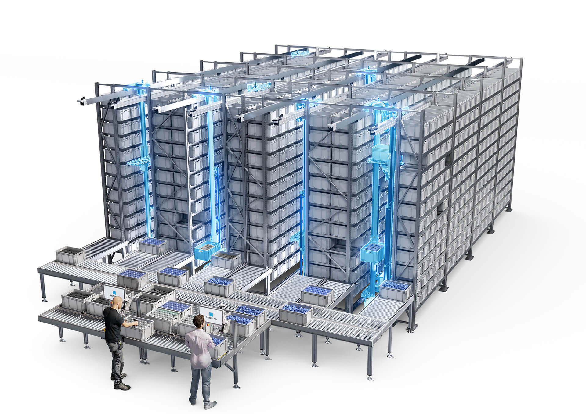 AnwendungenV03_weiss_1920x1358 Solo-Store-Lösung, welcher als Stand-Alone in Verwendung kommt mit 4 Gassen mit jeweils beidseitigen Lagerplätzen und manueller Kommissionier-Station.