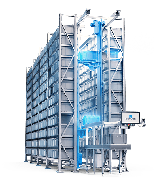 Servus-Store Imagebild mit zwei Pick-Robotern in einer Gasse und einer manuellen Ausgabestation.
